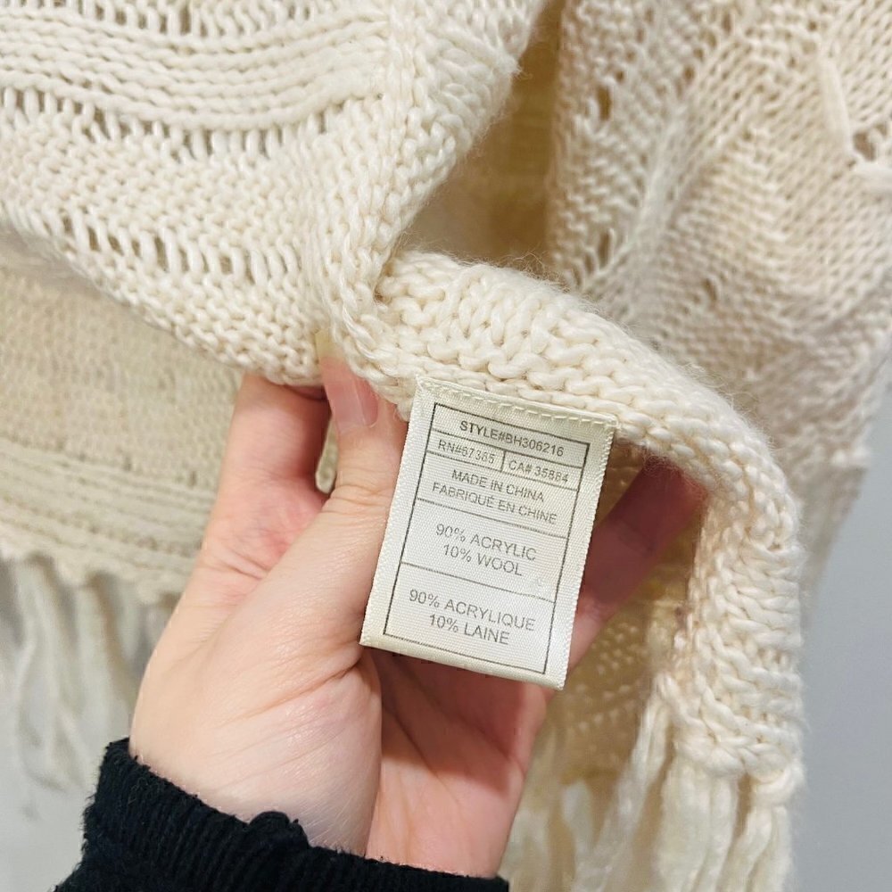 Anthropologie BB Dakota Karli Fringe Cream Long Cable Knit Wool Shawl Cardigan - Picture 16 of 16